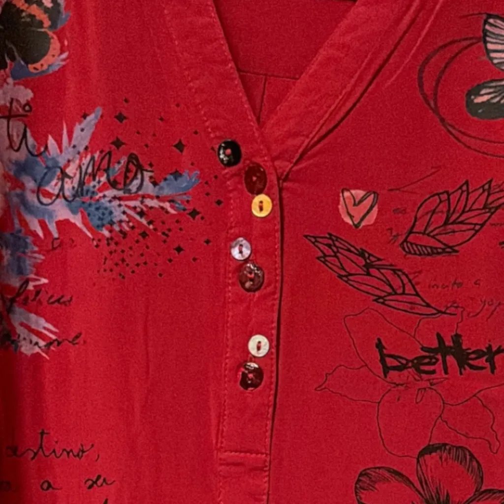Desigual Tunic Lisa red graffiti blouse words size 4 - Image 6