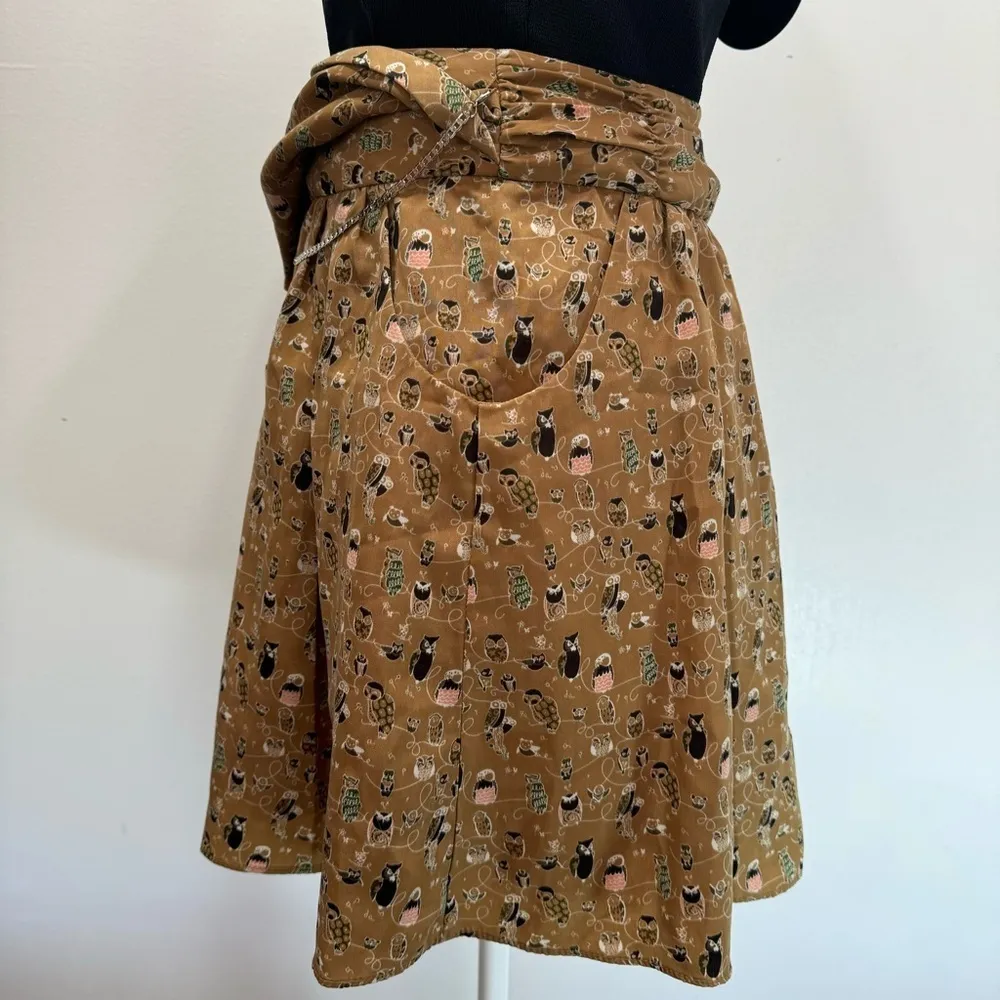 Owl Print Pleated Brown Mini Skirt w Pockets Removable Silver Chain Belt by Lily Size L - Image 6
