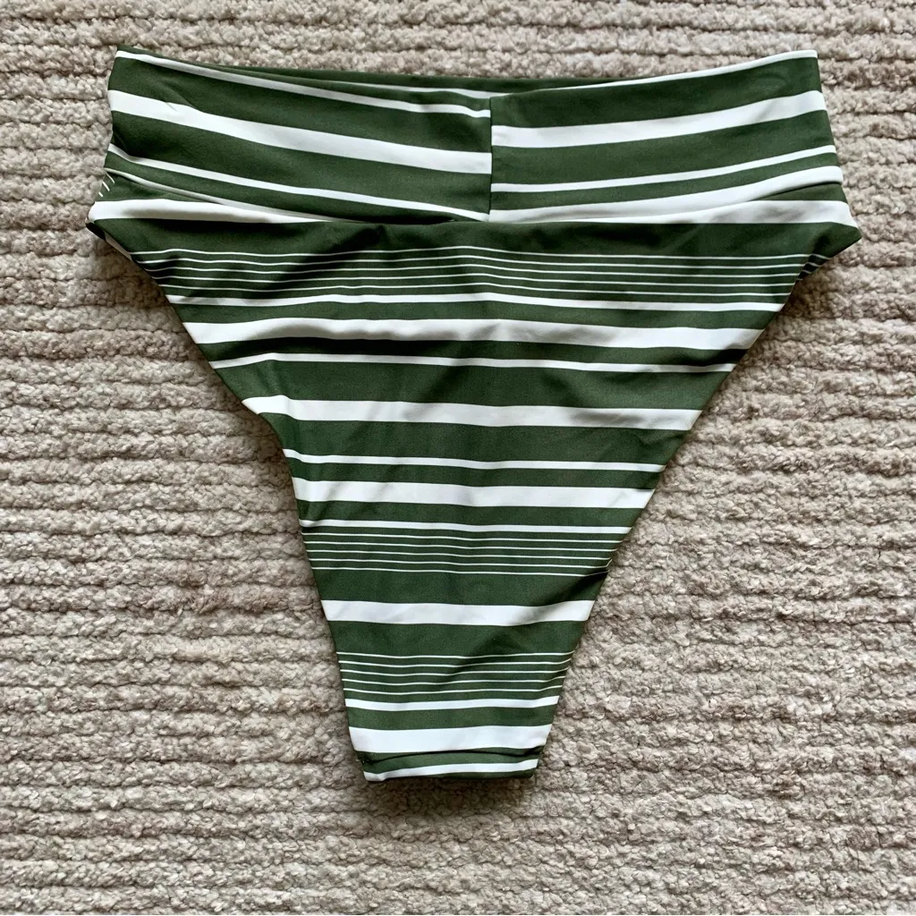 Aerie High Cut Cheeky Bikini Bottom Green and White Stripe - Image 3