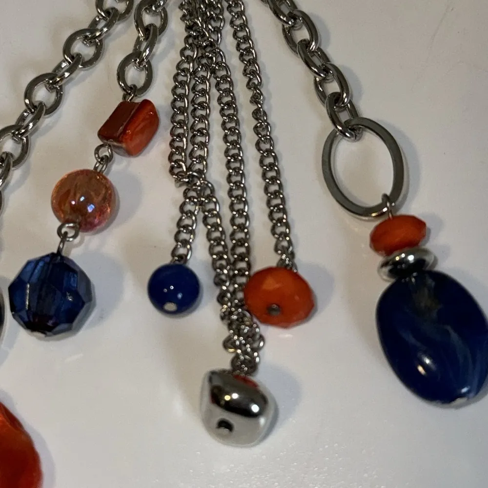 Kim Rogers Long Station Necklace w Tassel Silver Tone Orange & Blue Beads - Image 6