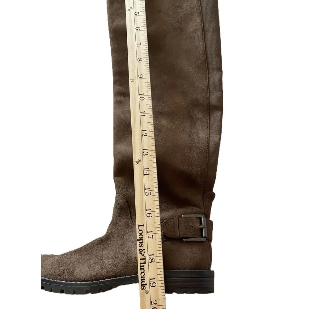EUC G H BASS India Over the Knee Brown Faux Suede Flat Boots with Buckle Sz 5.5 - Image 5