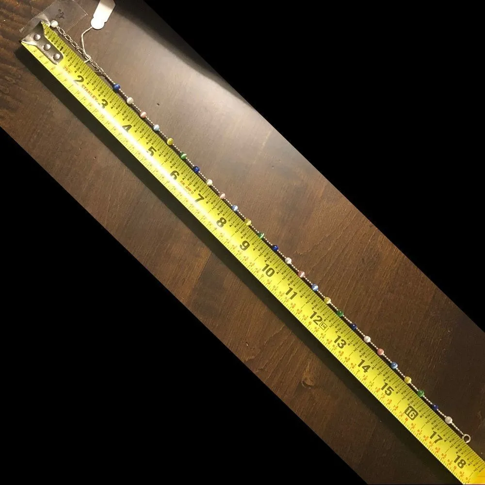 VTG Sterling Silver Multicolor Cats Eye Station Beaded Choker Necklace Extension - Image 2