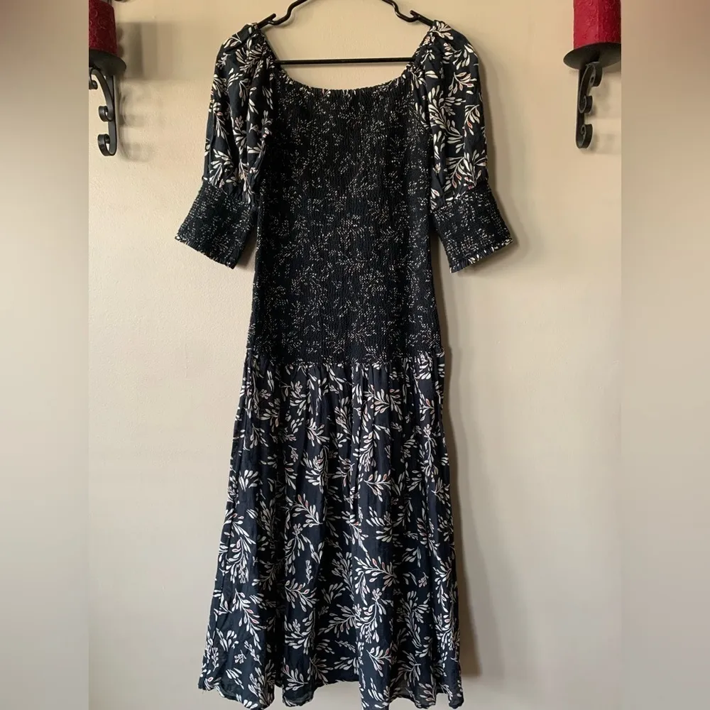 NWOT Zara Penny Ruched Black Floral Linen Blend Boho Midi Dress Size Small - Image 3