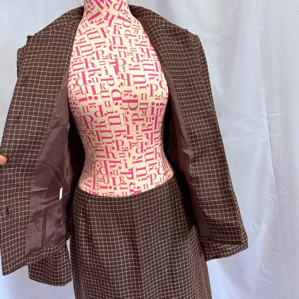 Vintage Y2K Georgiou Studio Skirt Suit Brown Windowpane Blazer Office Size 14,10 - Image 7