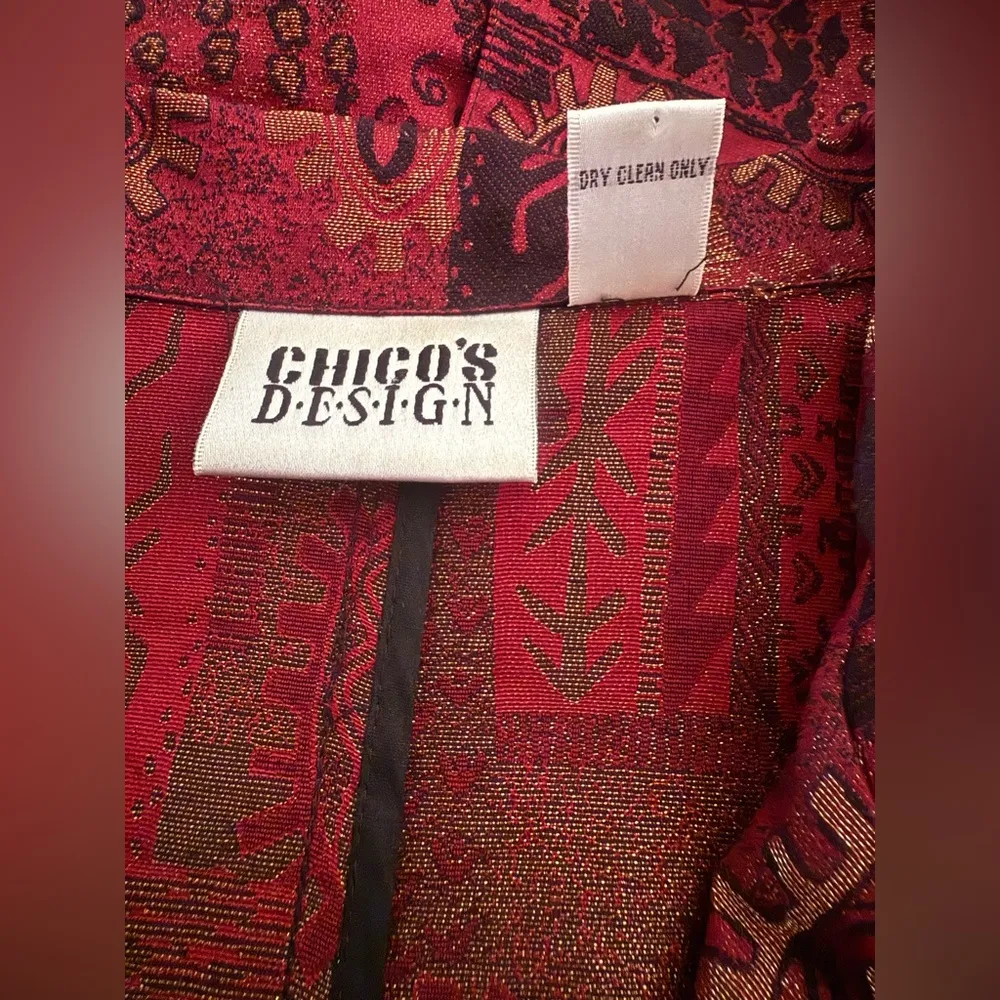 Vintage 80's Chico's Blazer Silk Duster Fashion Trench Red Metallic Print Size 2 - Image 11