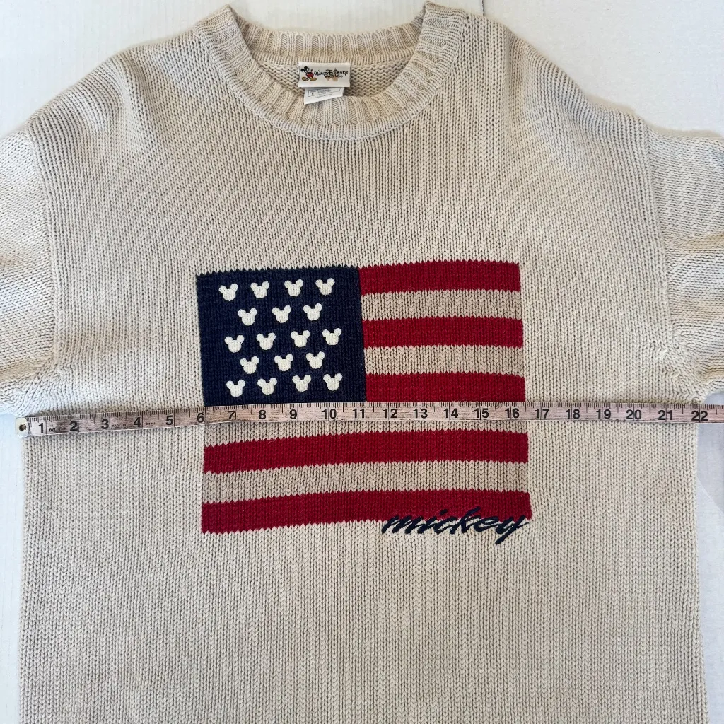 Vng 1990s Disney Resorts Mickey Mouse American Flag Knit Sweater Beige USA sz L Size L - Image 9