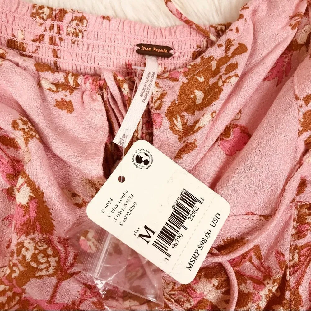 FREE PEOPLE Hilary Pink Floral‎ Crop Top Puff Sleeve Square Neck Size Medium New - Image 7