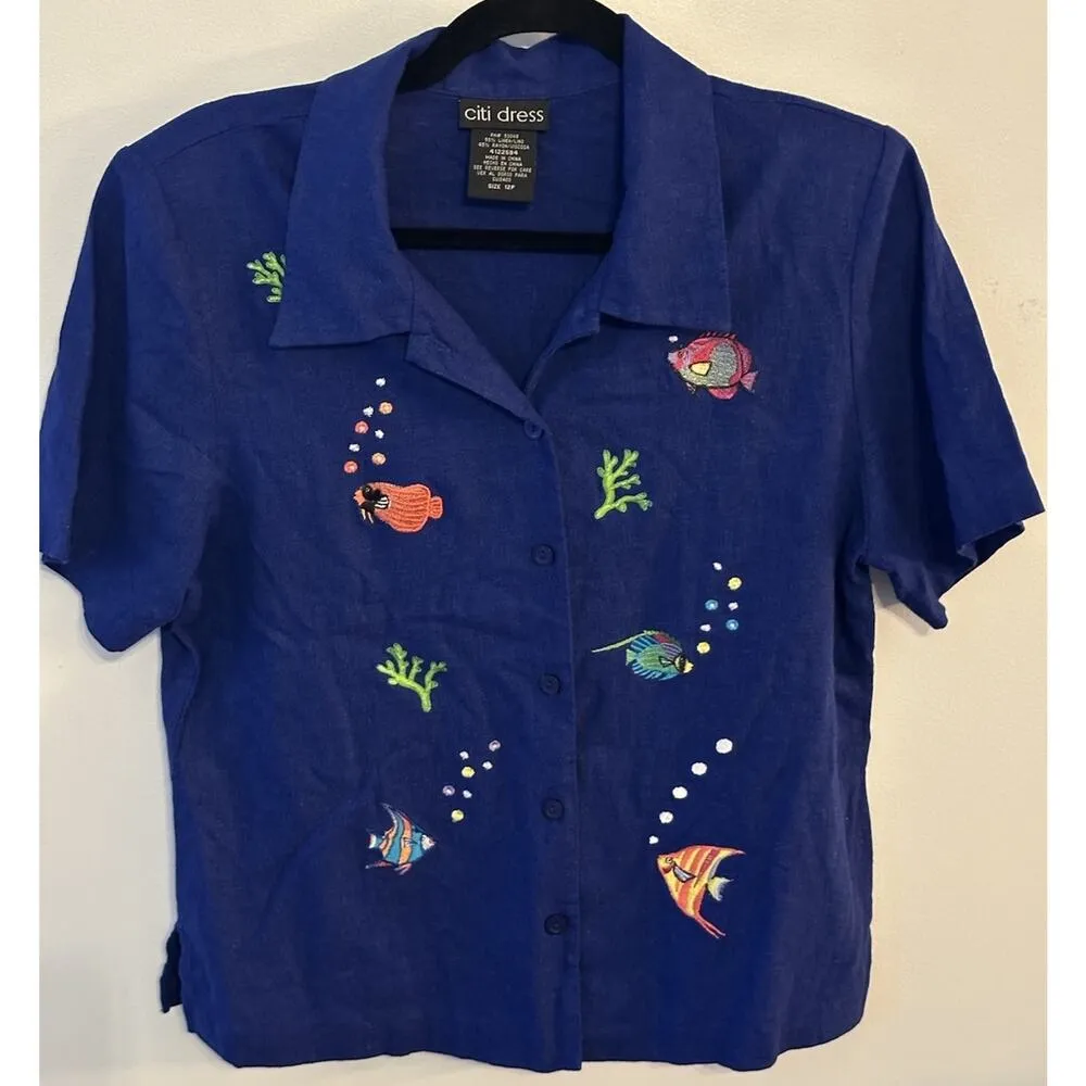 Linen Blend Button Up/Pant Set Royal Blue Embroidered Colorful Fish Size 12P VTG - Image 2