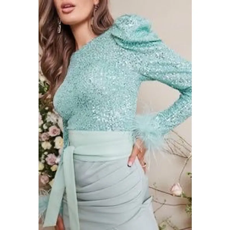 LAVISH ALICE‎ SEQUIN FEATHER EMBELLISHED MIDI DRESS SAGE Size 2 - Image 3