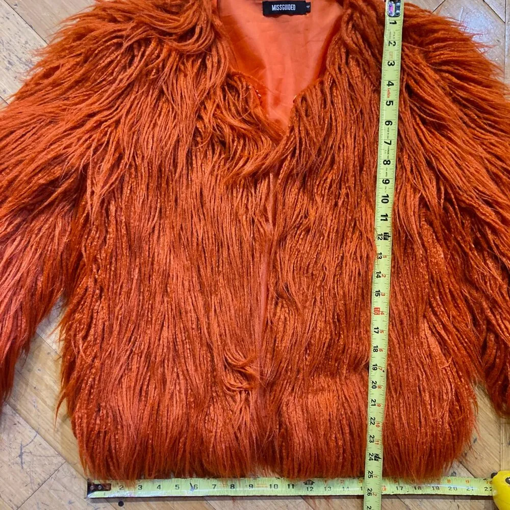 MissGuided faux Mongolian lamb fur shaggy short jacket festival rave orange S - Image 4