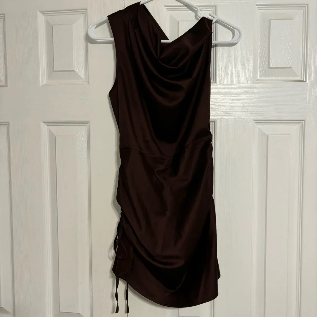 Lioness Brown Satin Mini Dress - Image 3
