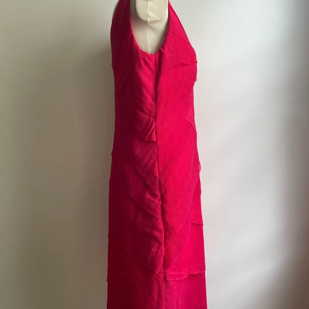 Tadashi Shoji Pink Silk Dress Sleeveless Tiered Ruffle Cocktail Midi Size 12 - Image 4