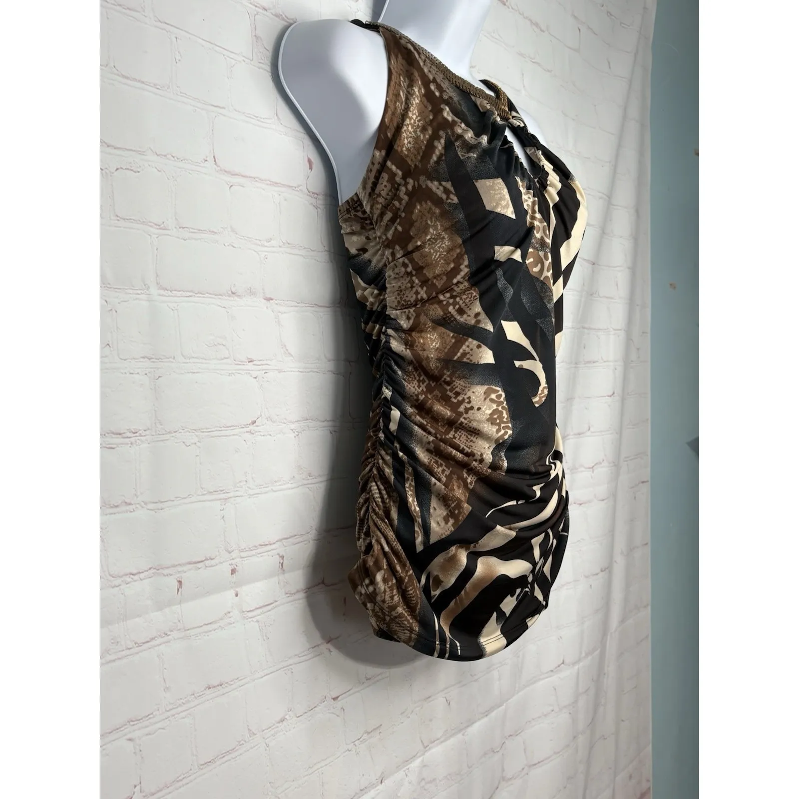 Venus Halter Top Women's Small animal Print Zebra Leopard Gold Trim Keyhole Ruch - Image 8