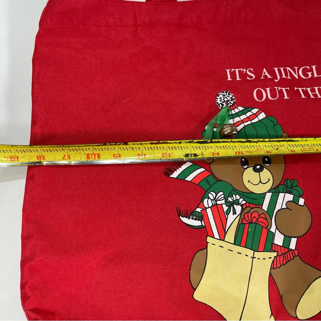 Vintage Christmas 1988 Winter Teddy Bear Red Canvas Tote Bag Jingle Bell 17x18' - Image 5