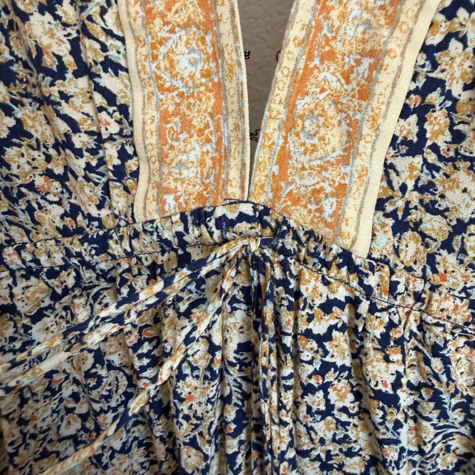 Free People Sz XS Once Upon a Summertime Romper Blue Orange Floral Print Boho - Image 5