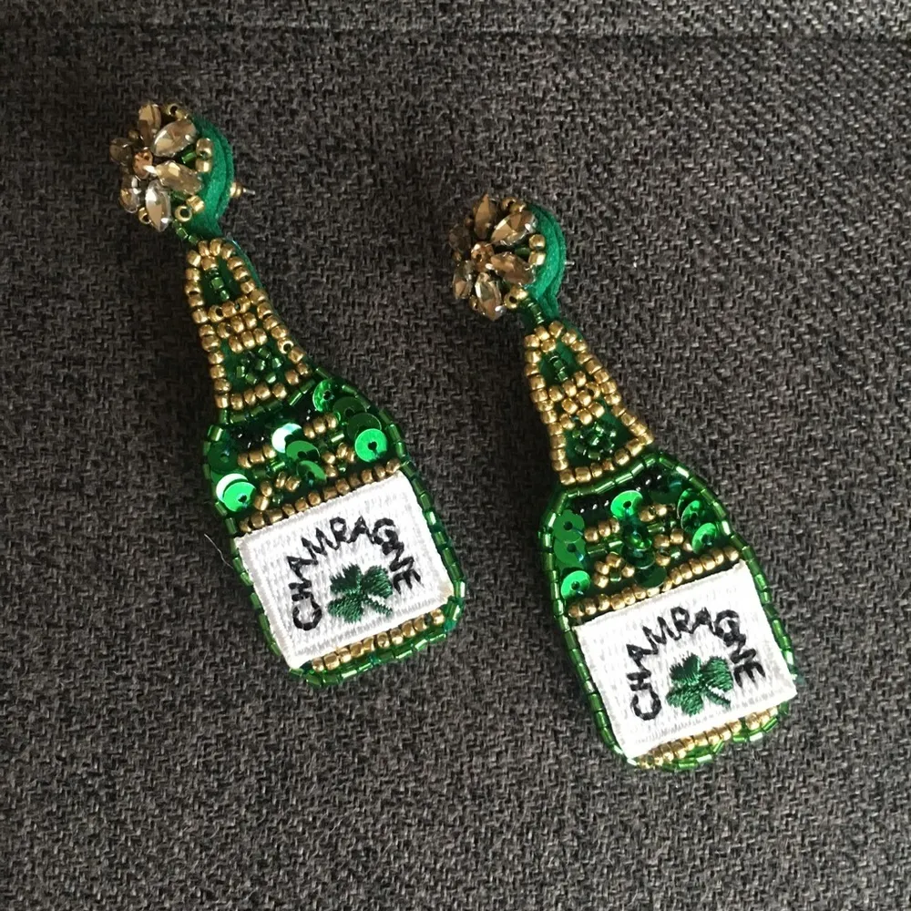 Felt Fabric Rhinestone & Sequin Champagne Bottle Shamrock Earrings, Green, Gold Green - Image 11