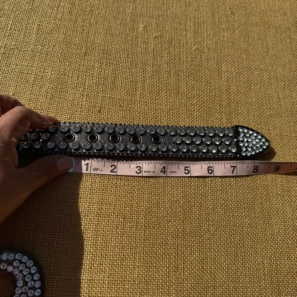 Paper Money Crystal Embellished Black Gunmetal Belt Size 34 - Image 8