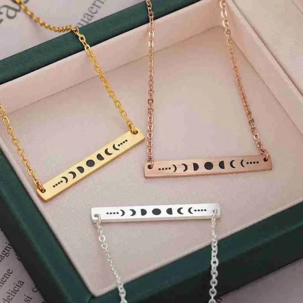 White Gold‎ Plated Celestial Necklace w/ Moon Phases Bar Pendant Necklace 16-18” - Image 13