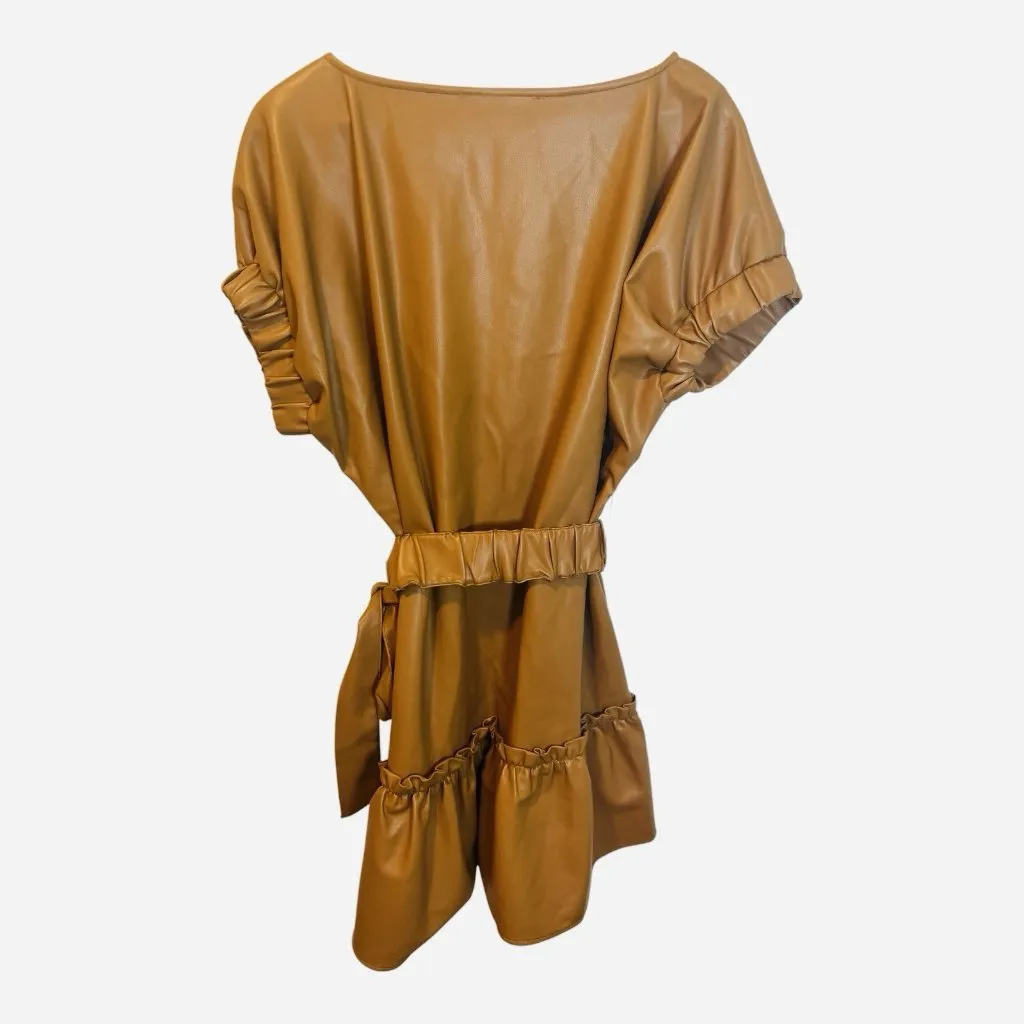 INCLAN STUDIO Millie Faux Leather Mini Dress Medium TAN BROWN Butterscotch NWOT - Image 4