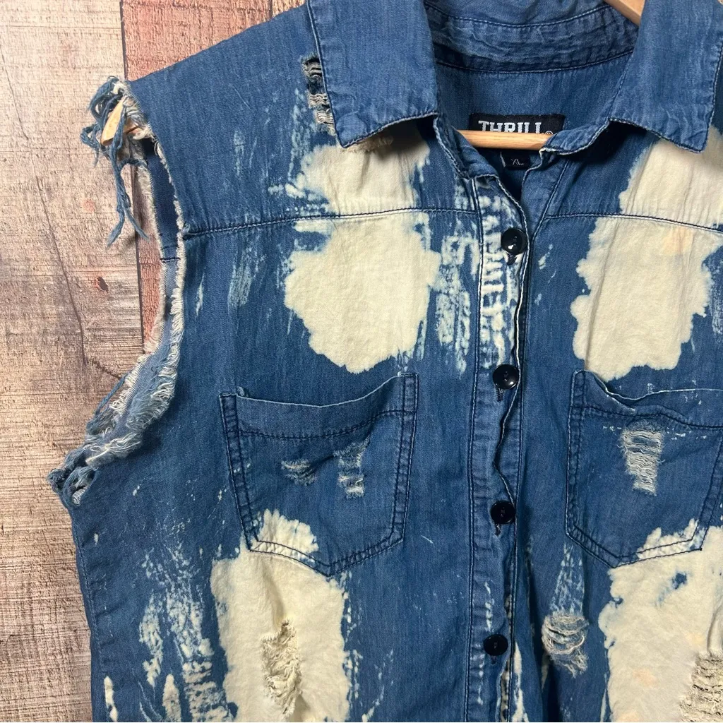 Distressed Bleached Denim Vest XL Grunge Punk Sleeveless Shirt Thrill Jeans Edgy Blue - Image 2