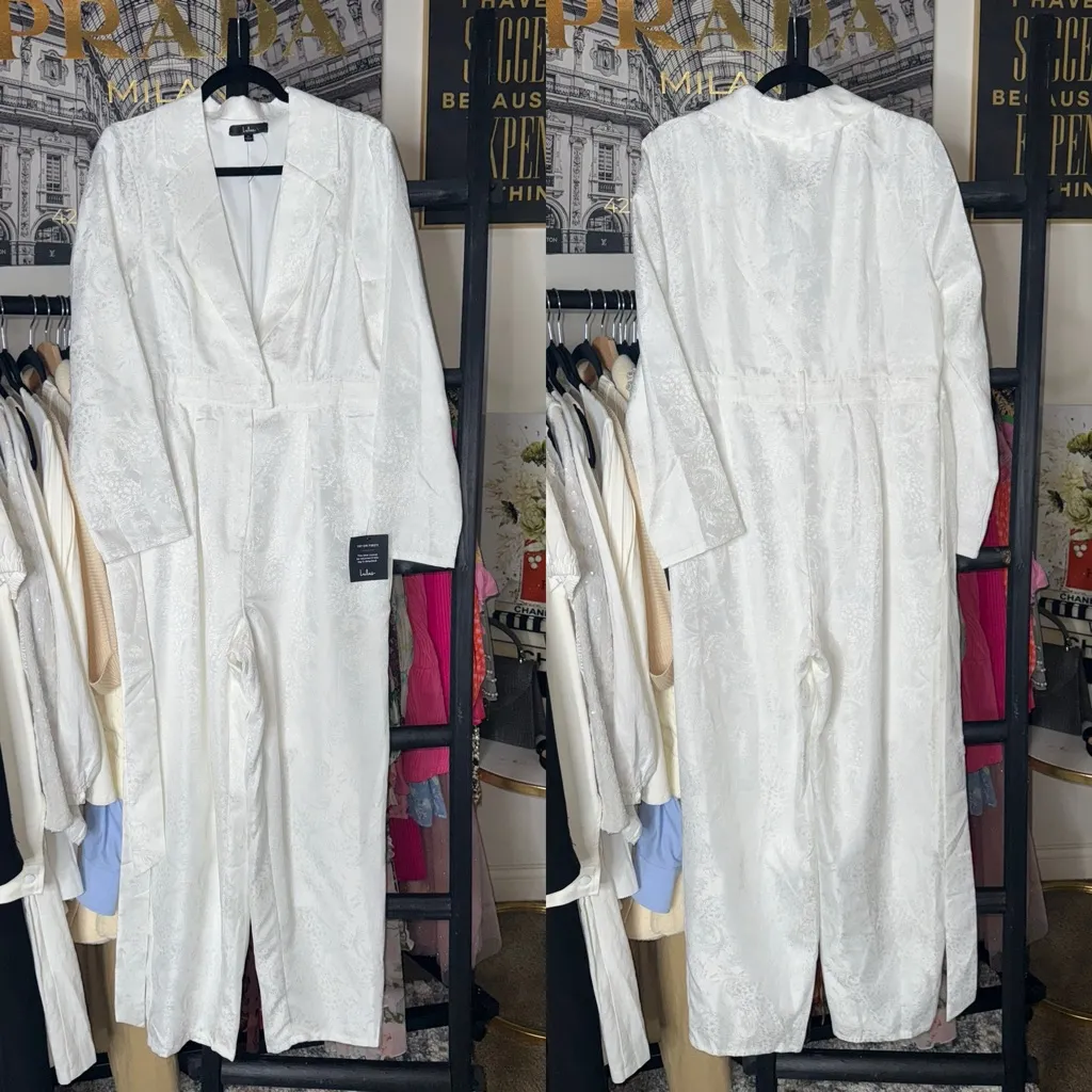 Lulus Ivory Jacquard Collared Surplice Belted Long Sleeve Jumpsuit Womens XL NWT - Image 5