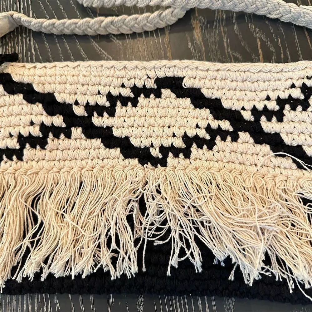 Bohemian Woven Sling Bag Black & White with Fringe & Braided purse - Image 4