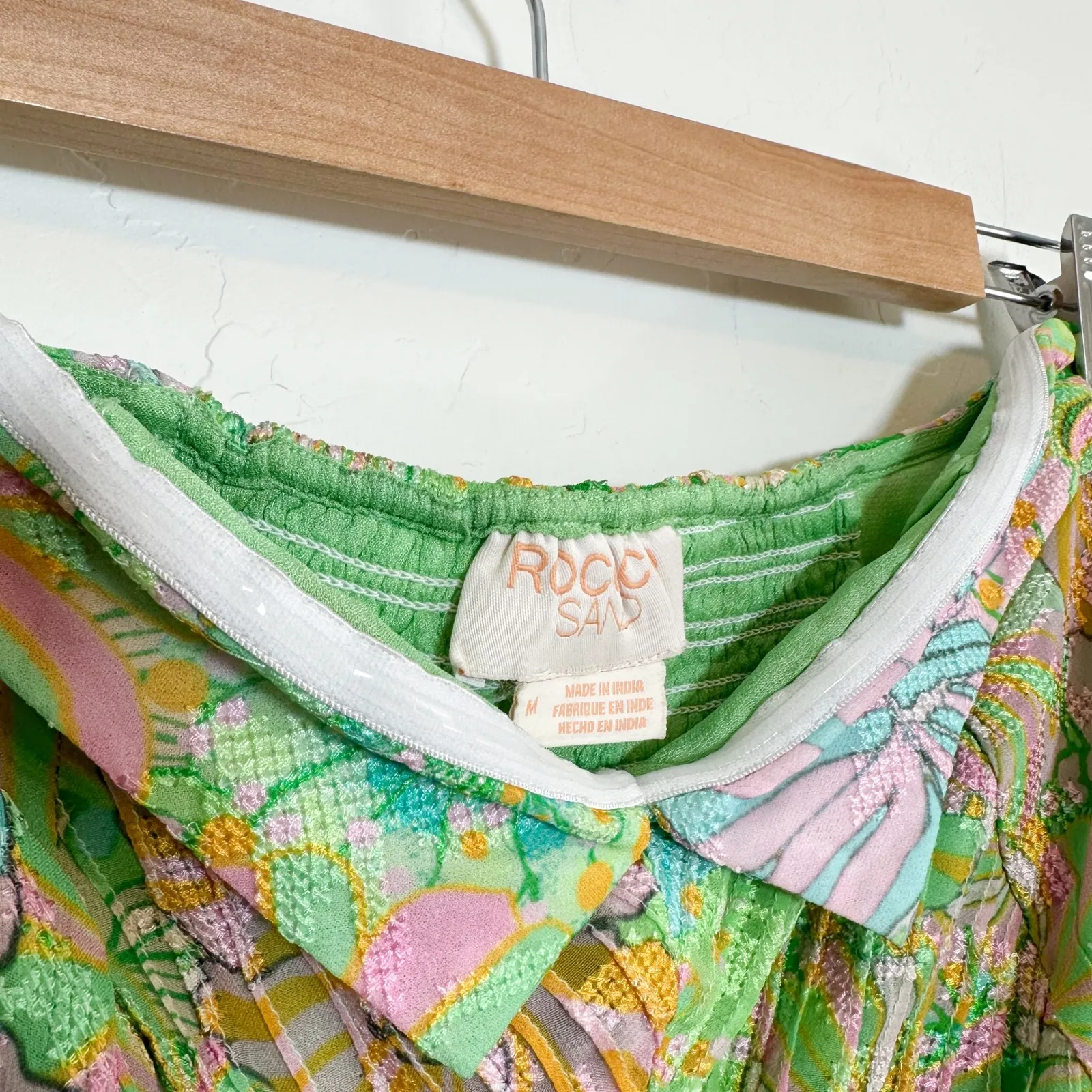 Rococo Sand | Resort Ruched Strapless Floral Mini Dress in Green Blue Size M - Image 5