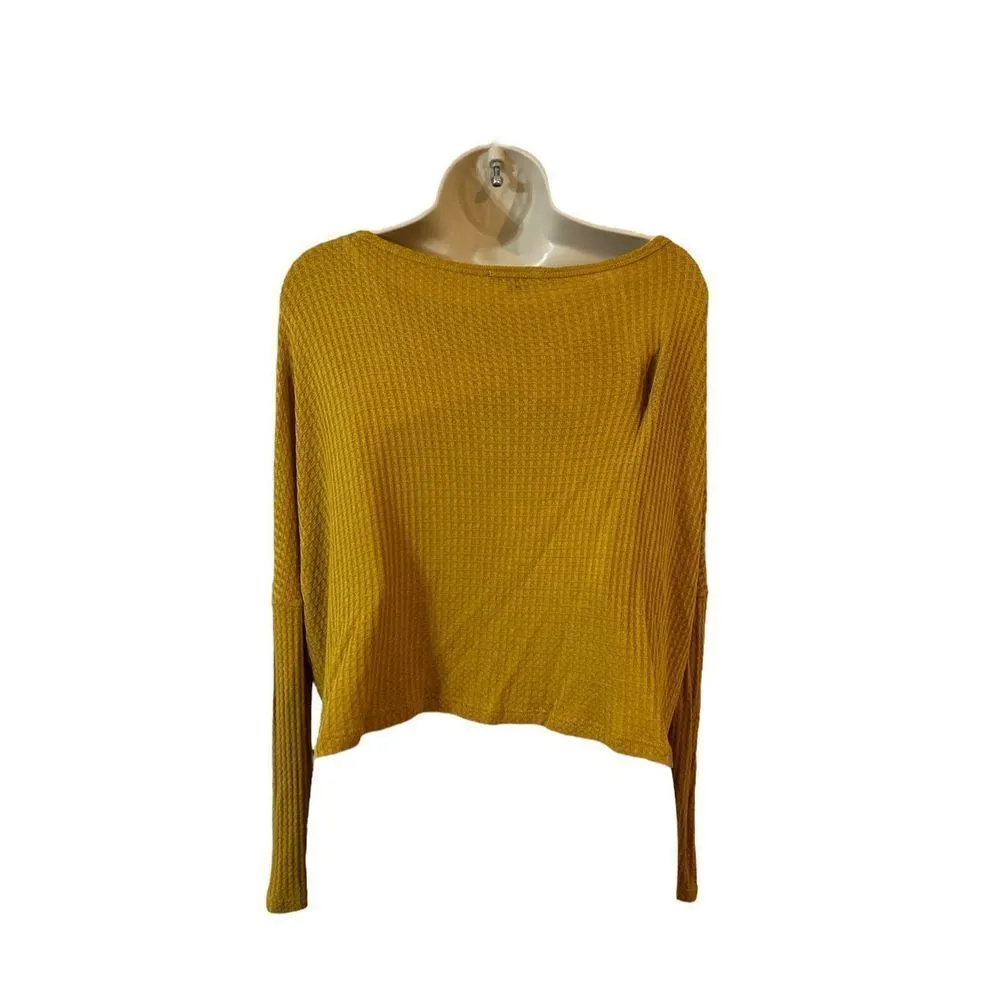 Ambiance Oversized small Long Sleeve Waffle Knit Crop Top Scoop Neck Gold - Image 3
