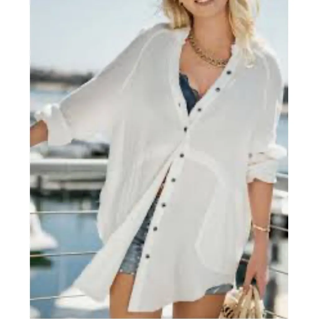 Urban Daizy Tunic Top Coverup Gauze Raw Hem Pockets Cotton Lounge Travel Cream Size M - Image 14