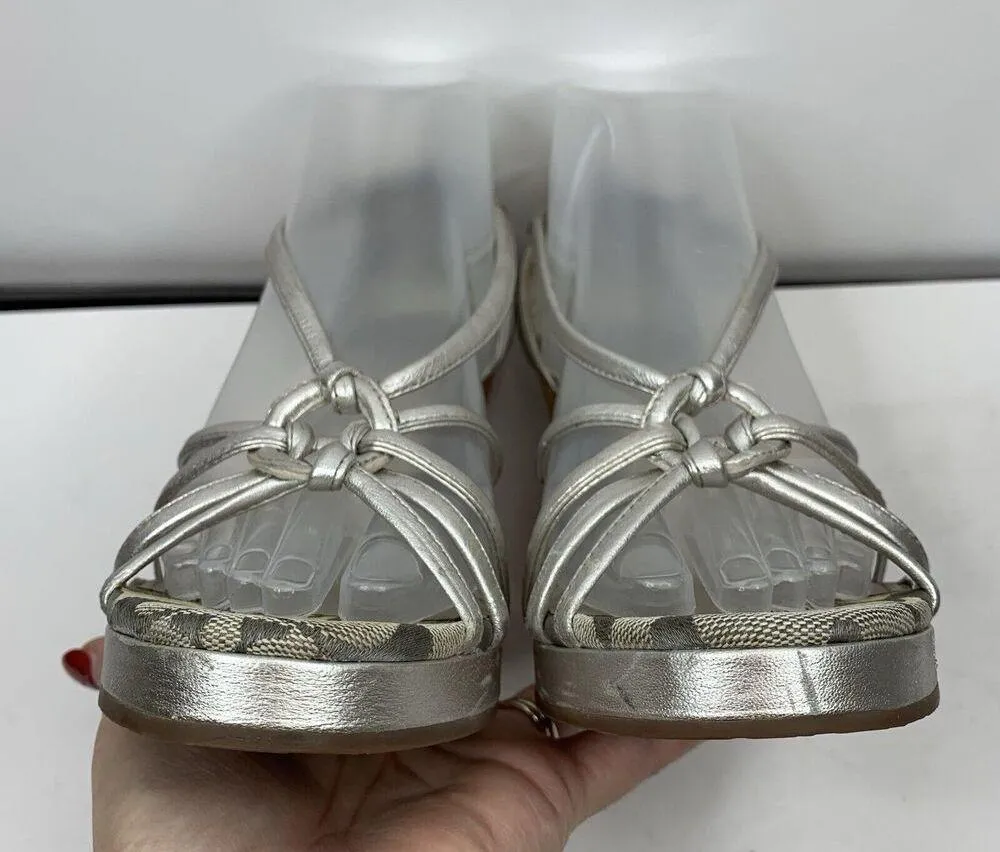 Coach Sz 8.5 Wedge Silver Joslin Strappy Cork Heel Leather Sandals Shoes Women’s - Image 7