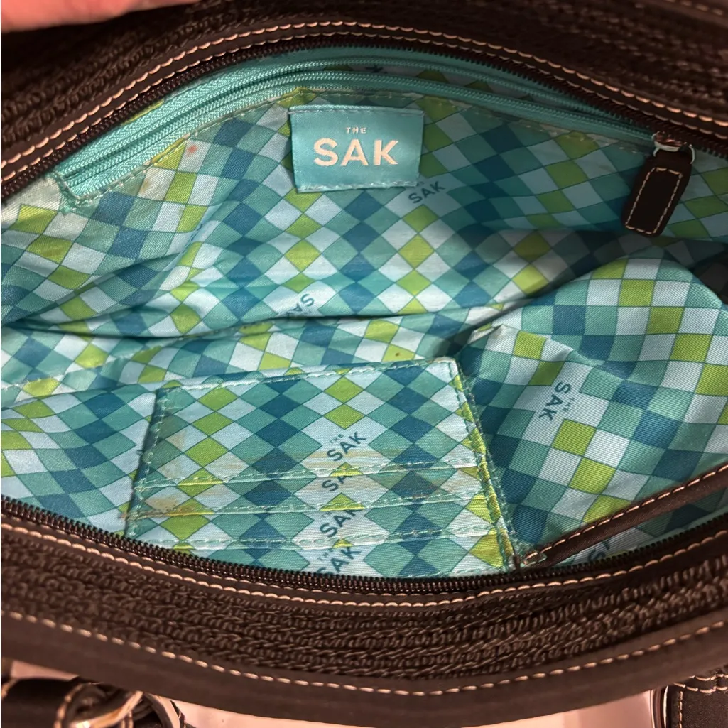 The Sak Black Woven Satchel Handbag Leather Trim Top Zip - Image 4