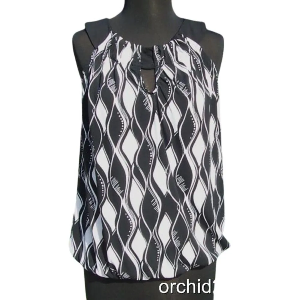 Cache Stretch Bubble Wave Top Cut In Sleeve Black White Key Hole New NWT $88 - Image 2