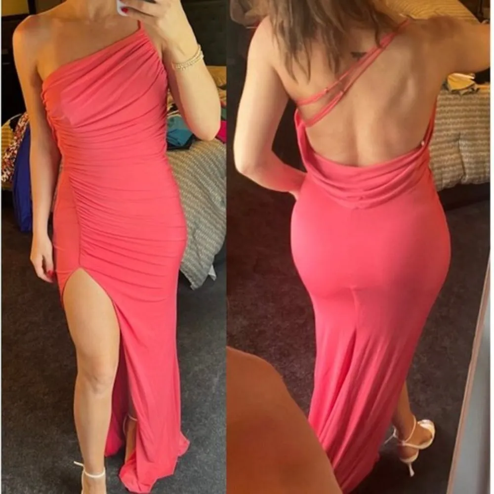 KATIE MAY Winnipeg One Shoulder Ruched Knit Gown in Coral Size Large - Image 3