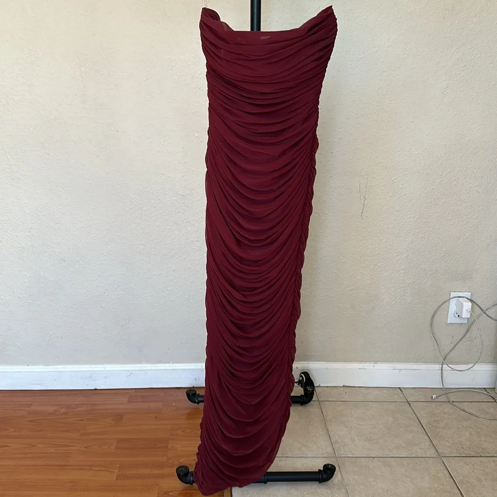 House of CB Sasha Raisin Ruched Strapless Mesh Dress Burgundy Size S‎ - Image 9