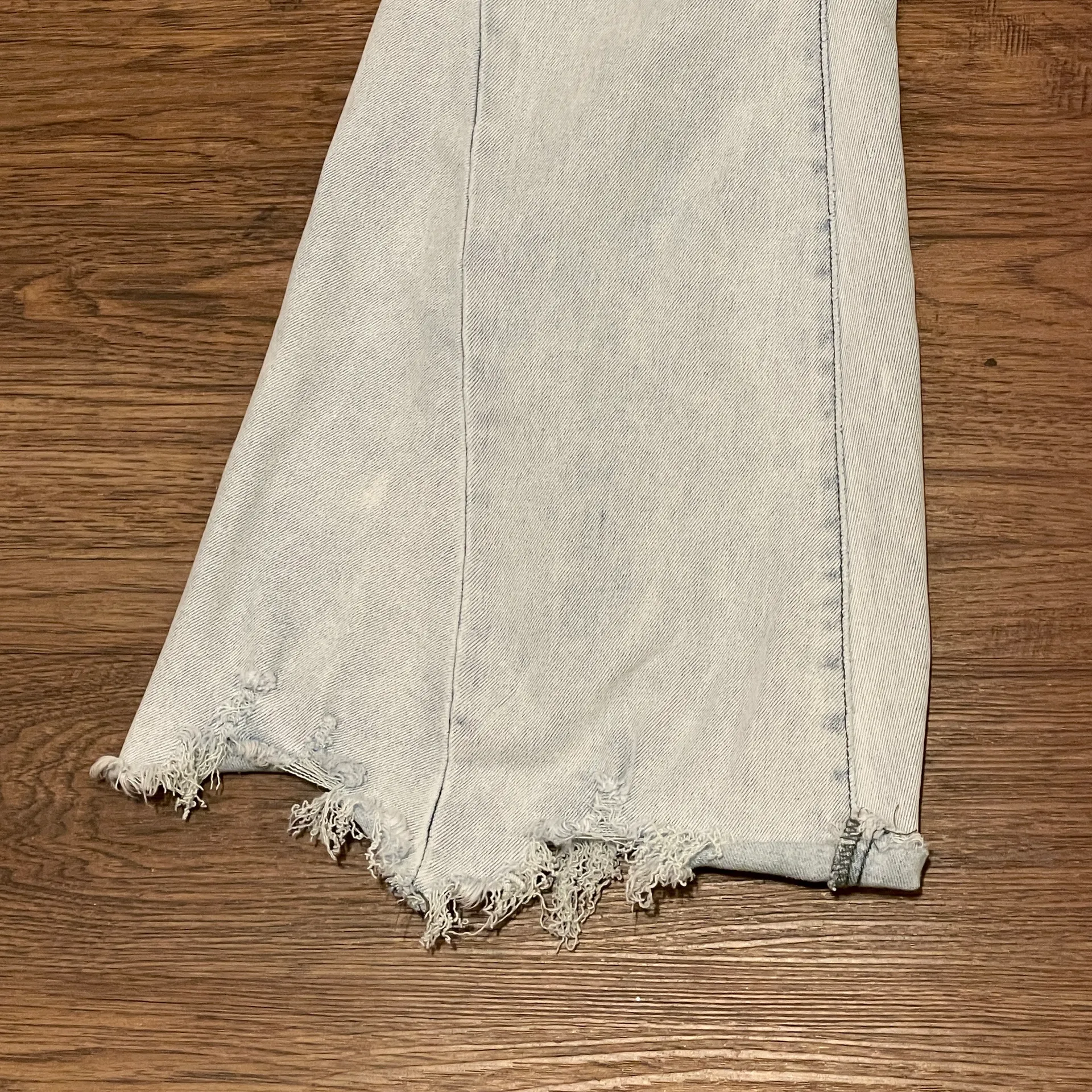 Raw Distressed Hem Flare Button Up Jeans Light Blue Size 31 - Image 3