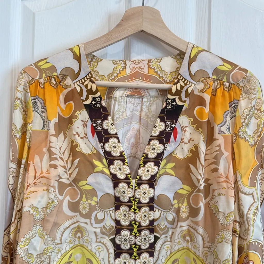 Alexis paisleu printed satin leather detail button down blouse - Image 7