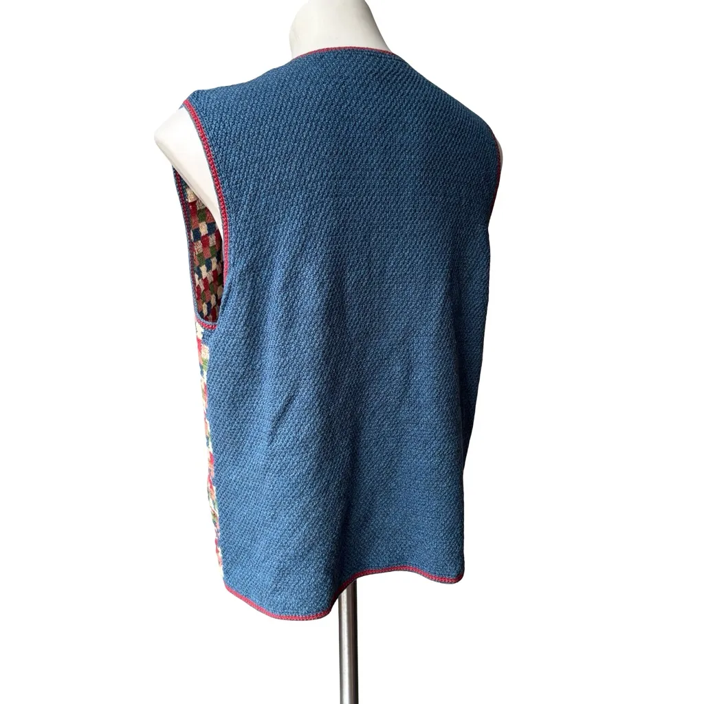 Koret Vintage Retro Hand Knitted Patchwork Sweater Vest, Sz M Blue Size M - Image 4