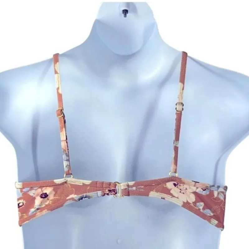 Ambrielle Floral Peach Halter Swim Top XL Braided Front Padded Cups Orange - Image 6