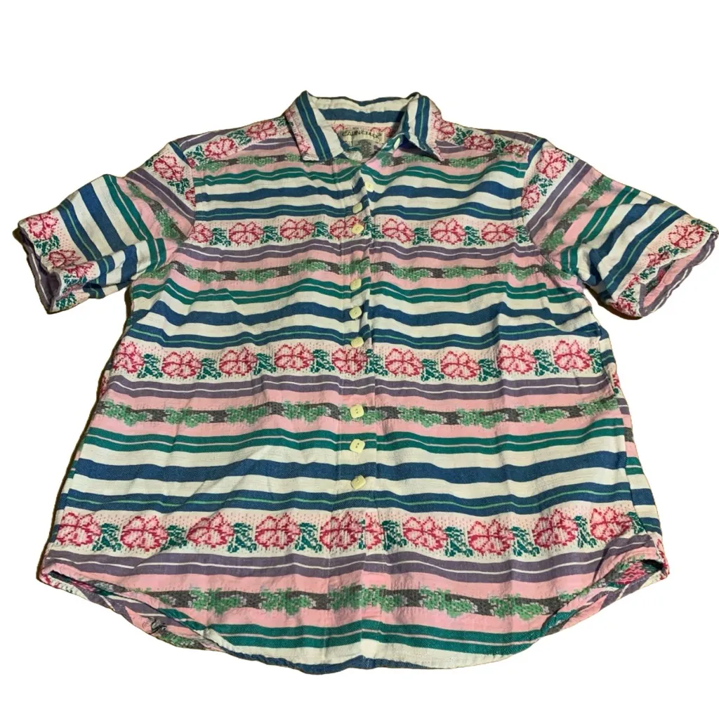 VINTAGE CABIN CREEK PINK, BLUE & WHITE FLORAL & STRIPE COTTON SHORT SLEEVE TOP L - Image 8