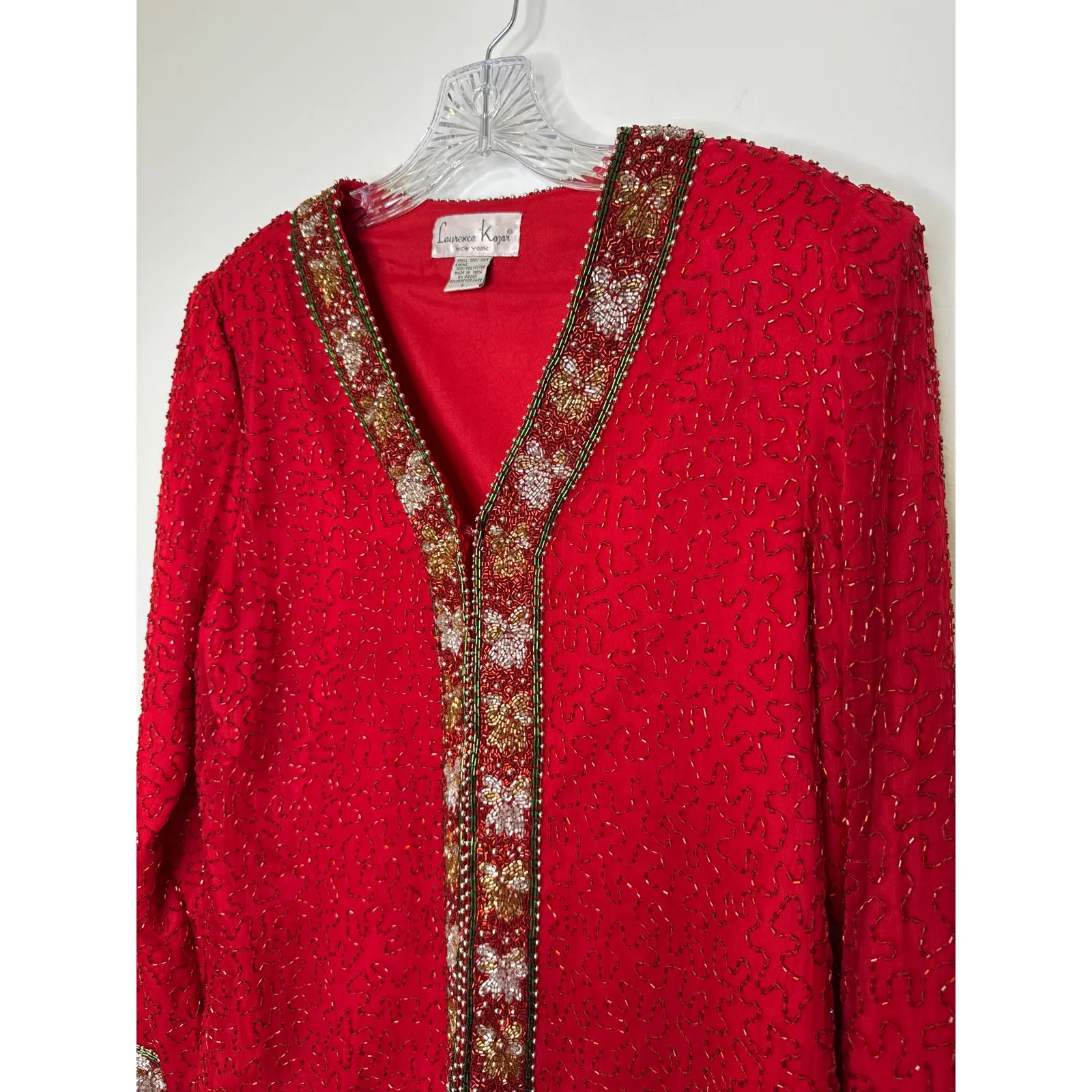 Vintage Laurence Kazer Silk beaded red formal cardigan Jacket Coat hoilday large - Image 7