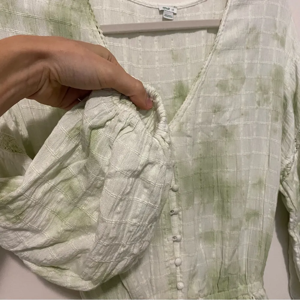 Aerie White and Green Tie Dye Button Front Linen Blend Romper Small - Image 9