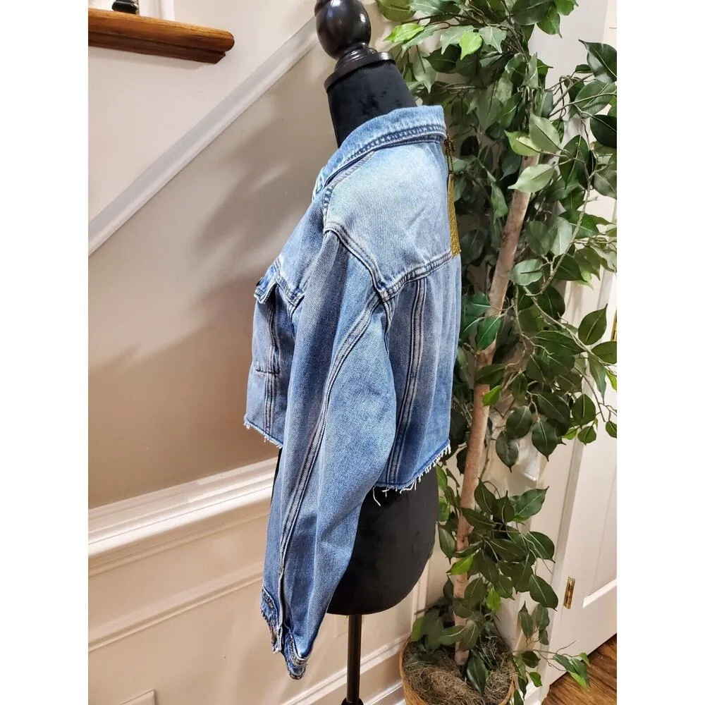 Vibrant Women Denim Blue 100% Cotton Long Sleeve Cropped Jeans Jacket Size Small - Image 4