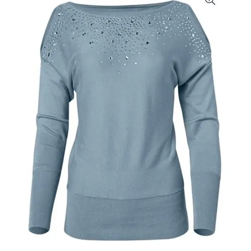 Venus Blue Rhinestones Cold Shoulder Sweater XXXL Cottage Sparkle Pastel NWOT‎ - Image 2