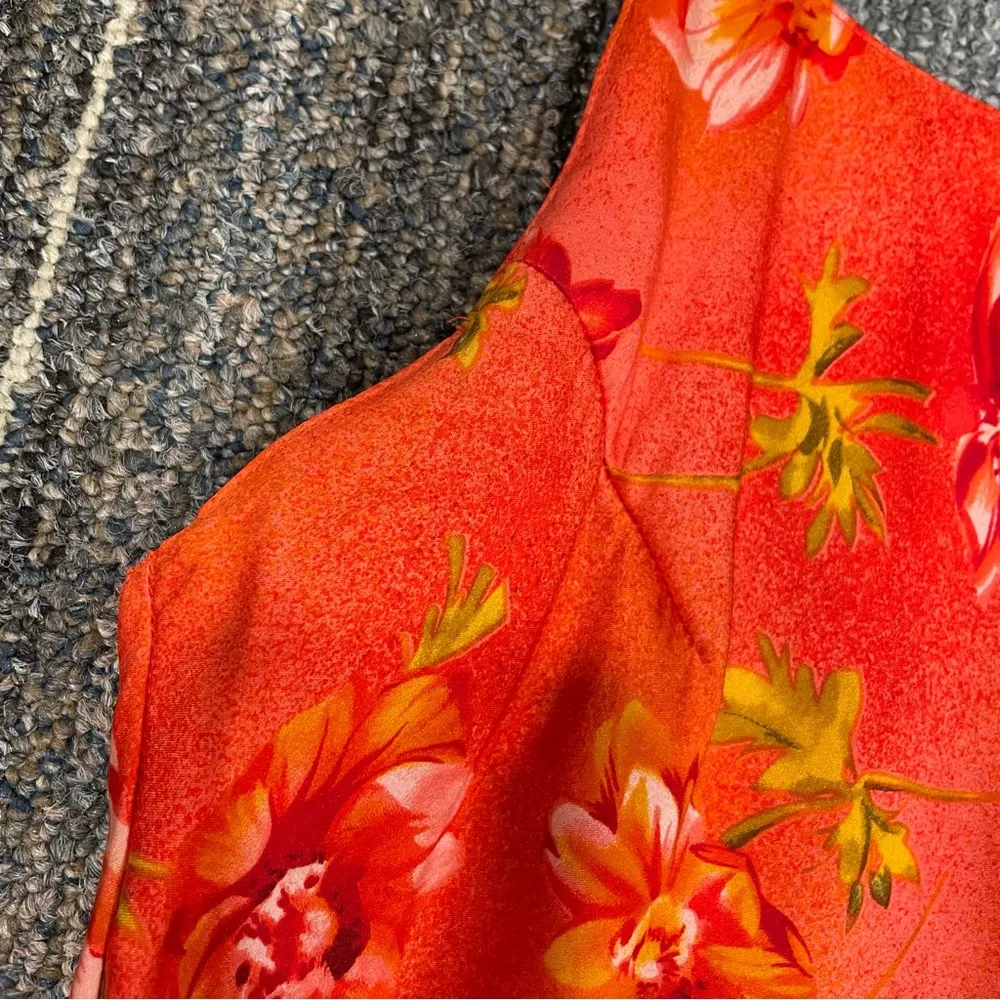 Vtg Y2K Silk Mini Dress Tropical Floral Hawaiian Sz Small Orange Red - Image 11