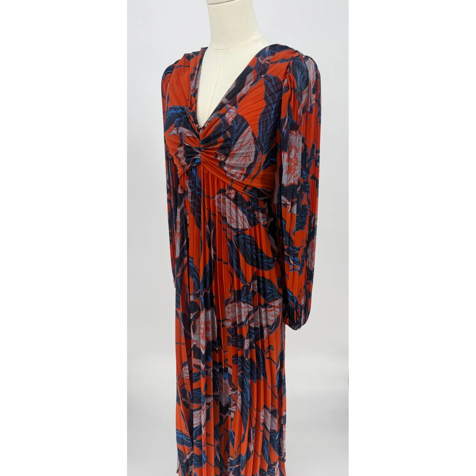 NWT Chelsea28 Floral Print Pleated Long Sleeve Dress Rust Blue Floral Sz XS $149 - Image 8