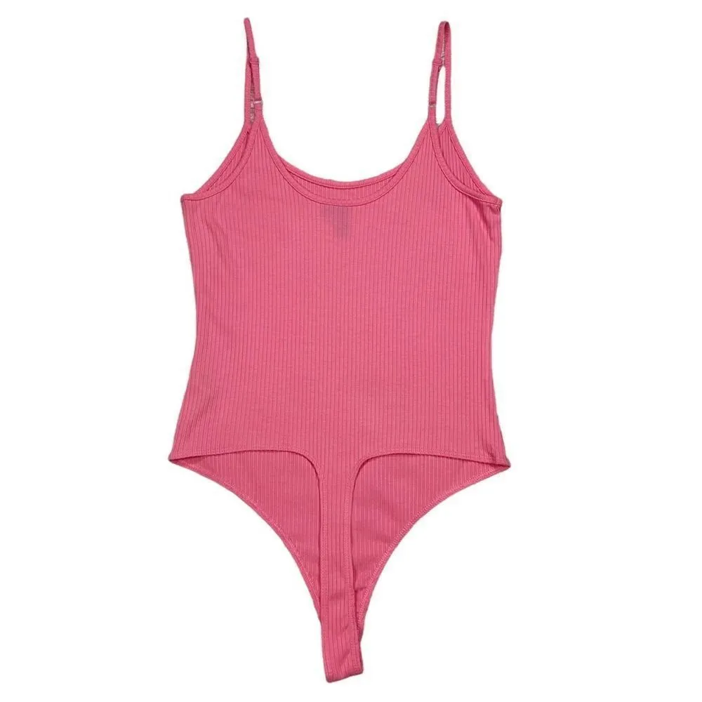 ASOS Peach Pink Ribbed Spaghetti Strap Thong Bodysuit Size 8 - Image 2