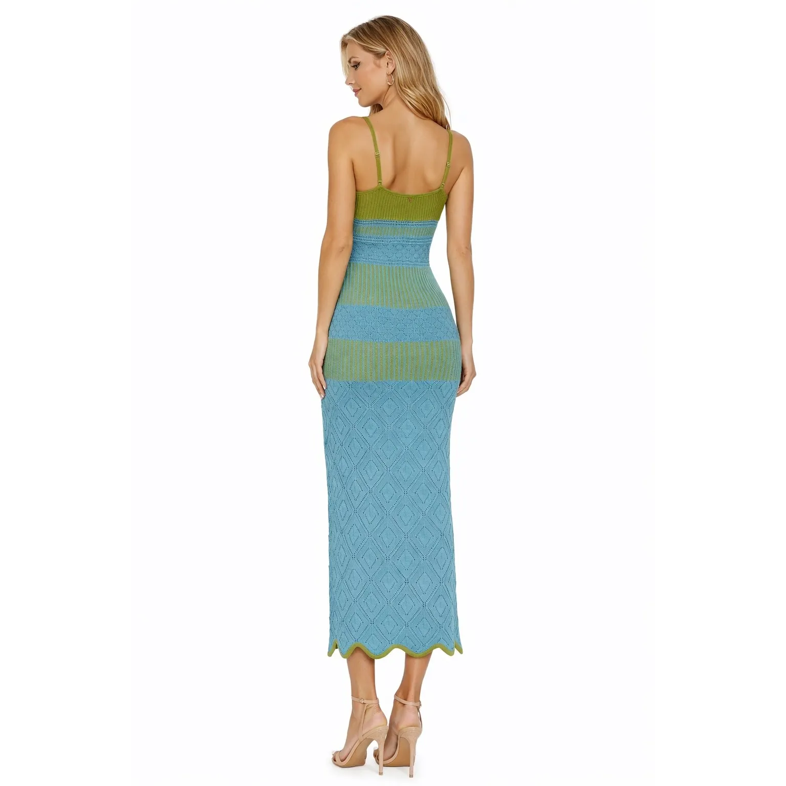 MISA Los Angeles Crochet Knit Maxi Dress Striped V Neck Spaghetti Strap Size L - Image 2