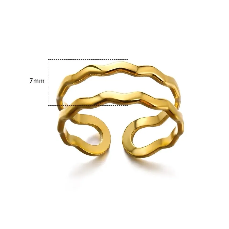Gold Plated Stainless Steel Wavy Double Band Open Ring Adjustable - Image 7