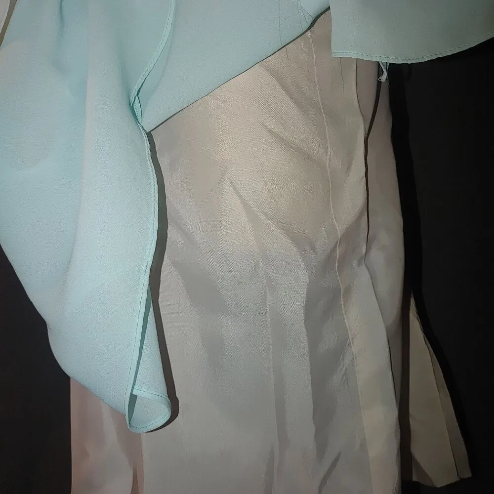 Vintage AEMW Light Blue Wrap Dress Floral Detail Long Sleeves Back Zipper USA Size M - Image 15