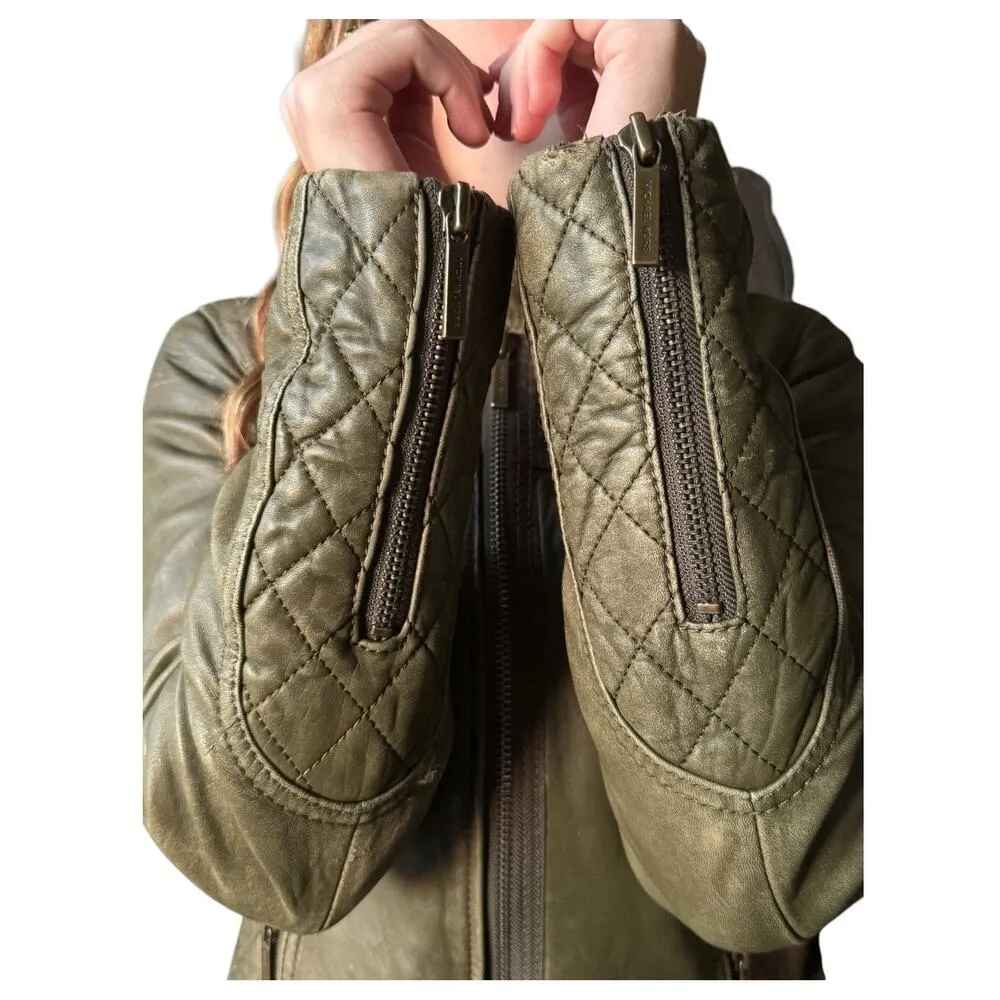 Michael Kors Green Leather Biker Moto Jacket quilted pattern size Small - Image 15